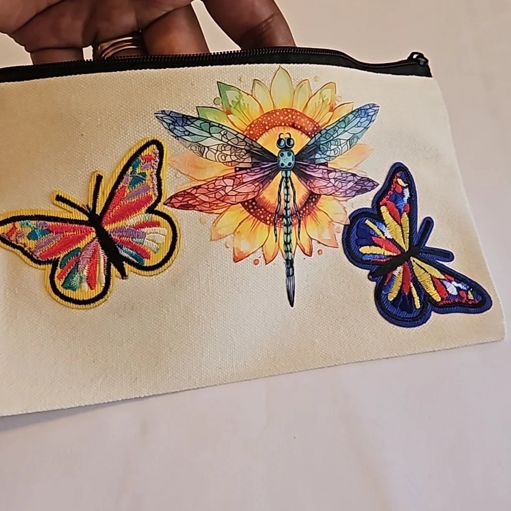 Hand Crafted canvas makeup bag pencil case iron transfer embroidery butterfly
